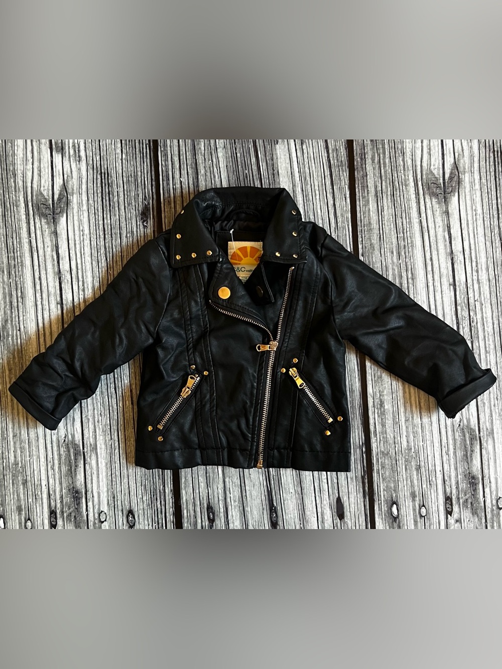 C&C California Black Faux-Leather Moto Jacket with Gold Hardware